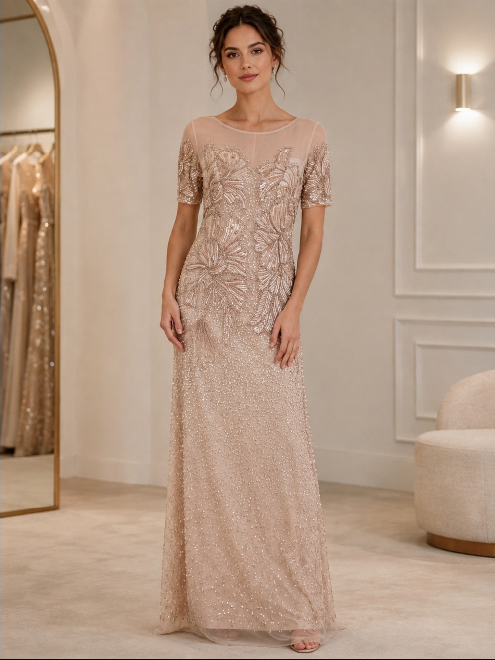 Adrianna Papell beaded elbow sleeves long gown - Picture 3 of 16